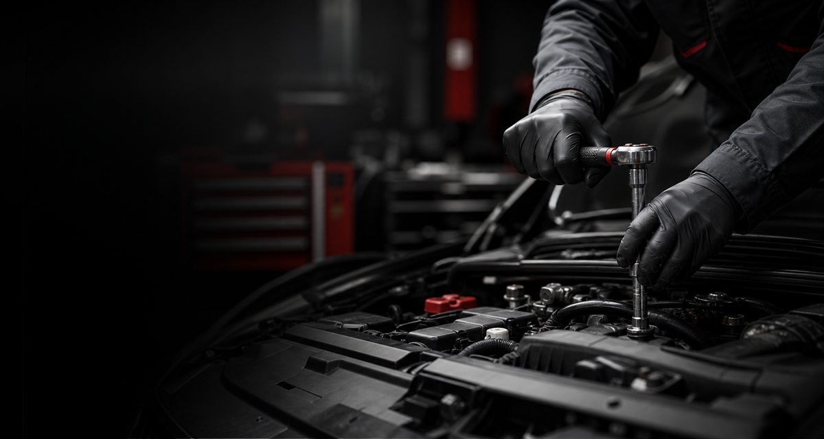 A technician carefully working on a vehicle in a workshop